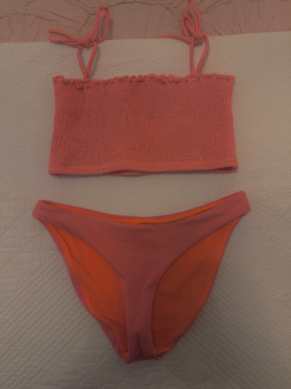 Anthropologie Orange Smocked Tie-Shoulder Bikini Top with Bikini Bottoms